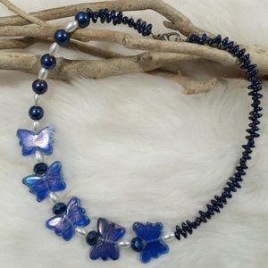 Pretty Blue Butterfly Necklace With Real Blue Pearls Handcrafted By London